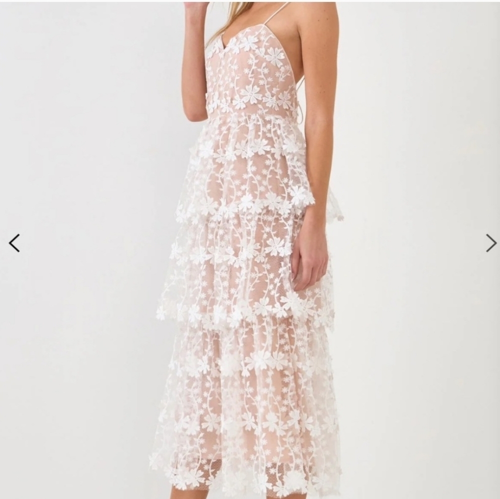 Endless Rose nude white floral sleeveless lace tiered backless midi dress